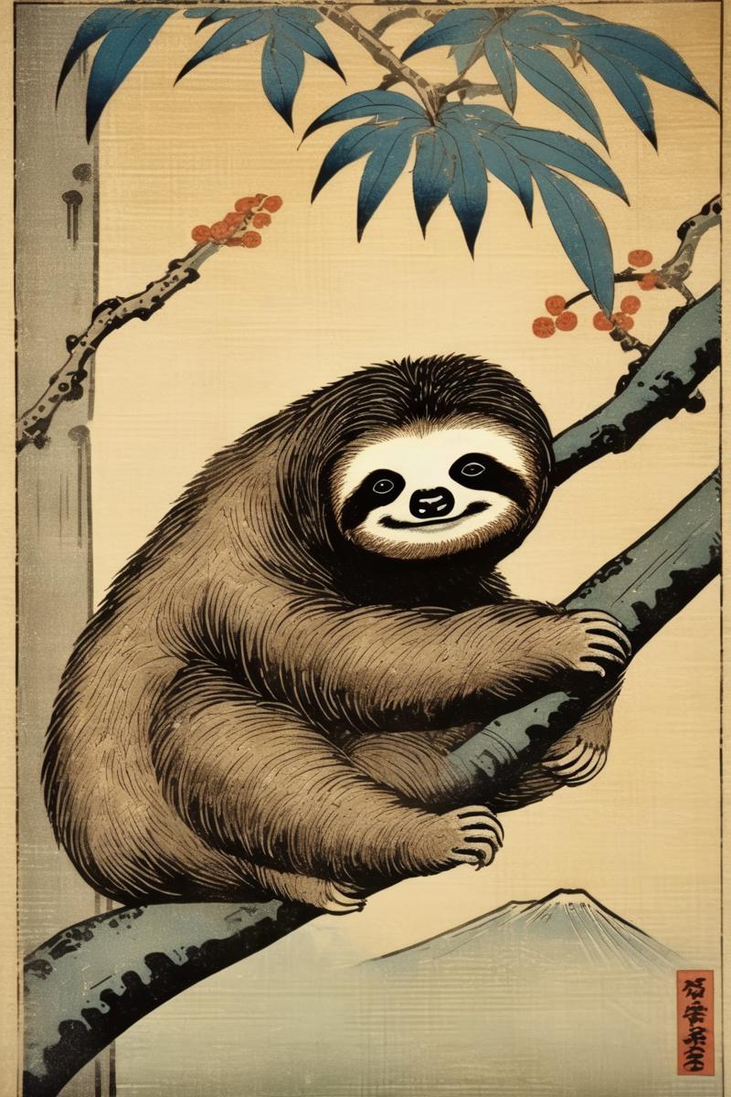 00175-19242685-_lora_Ohara Koson Style_1_Ohara Koson Style - sloth on a tree branch in japanese woodblock print parchment background.png